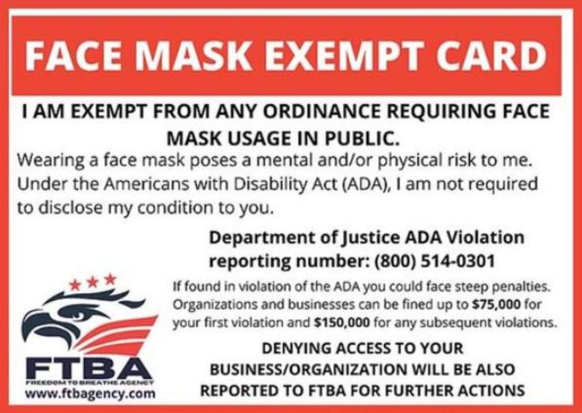 - Purchasing Fake "Mask Exemption" Cards: You Could Be In Trouble