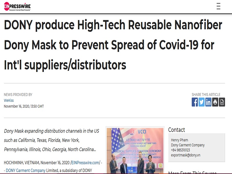 DONY produce High-Tech Reusable Nanofiber Dony Mask to Prevent Spread of Covid-19 for Int'l suppliers/distributors