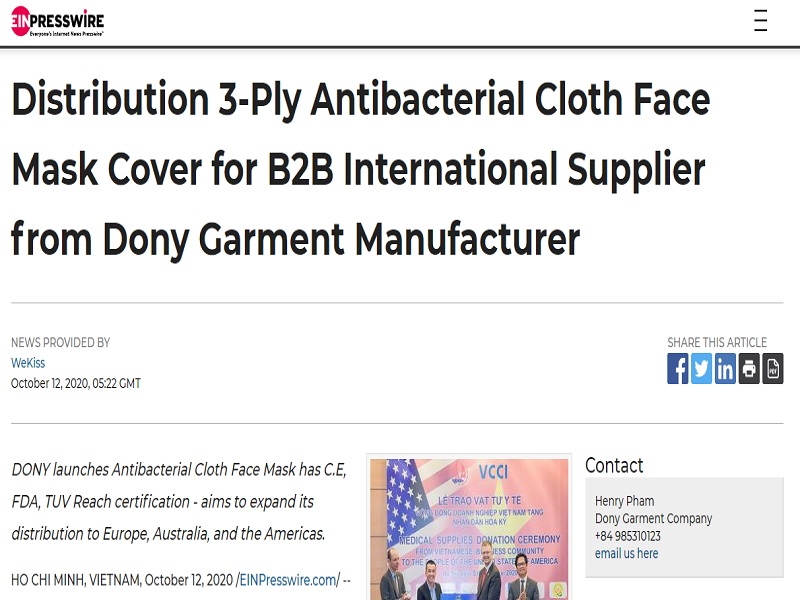 Distribution 3-Ply Antibacterial Cloth Face Mask Cover for B2B International Supplier from Dony Garment Manufacturer
