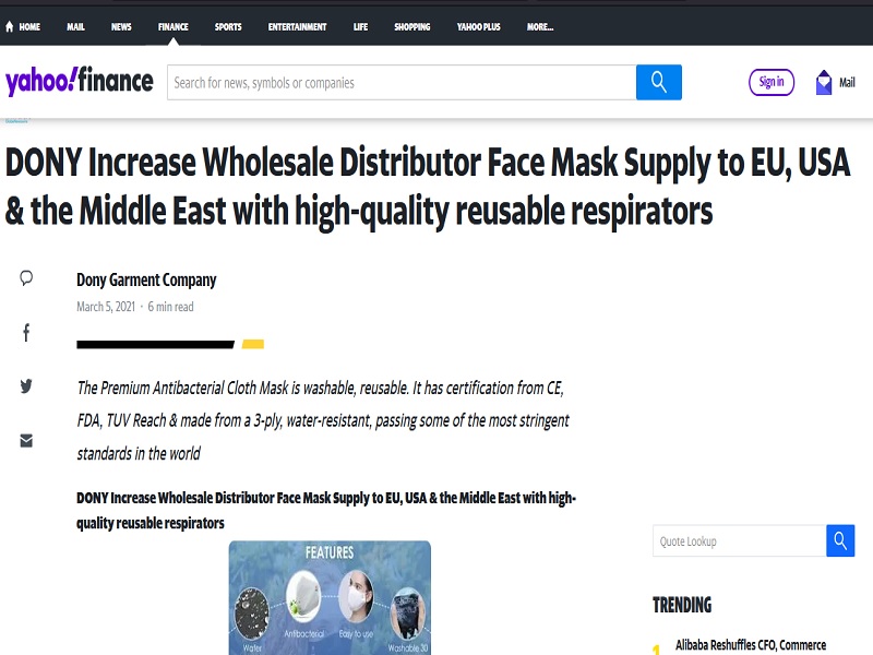DONY Increase Wholesale Distributor Face Mask Supply to EU, USA & the Middle East with high-quality reusable respirators
