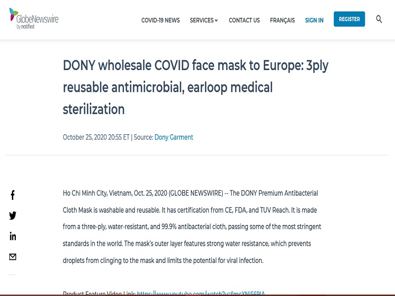 DONY wholesale COVID face mask to Europe: 3ply reusable antimicrobial, earloop medical sterilization