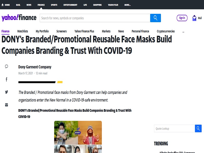 DONY's Branded/Promotional Reusable Face Masks Build Companies Branding & Trust With COVID-19