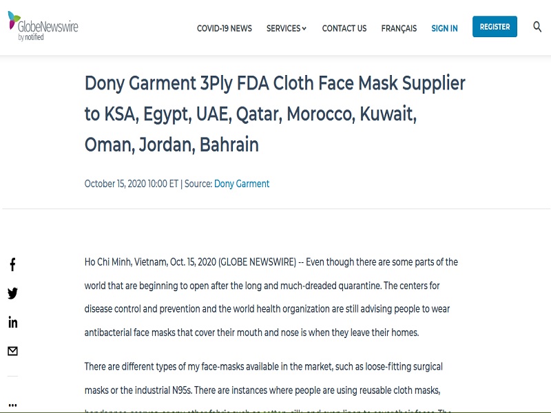 Dony Garment 3Ply FDA Cloth Face Mask Supplier to KSA, Egypt, UAE, Qatar, Morocco, Kuwait, Oman, Jordan, Bahrain