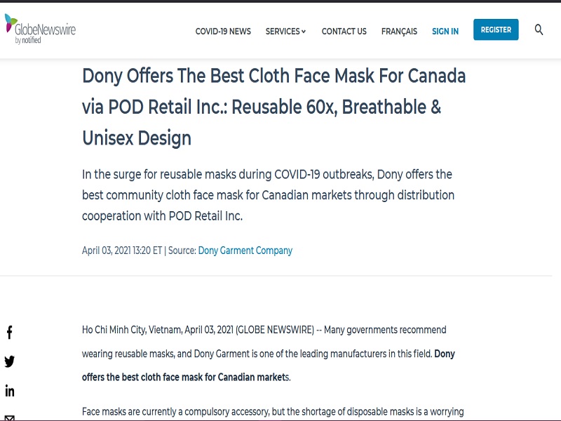 Dony Offers The Best Cloth Face Mask For Canada via POD Retail Inc.: Reusable 60x, Breathable & Unisex Design