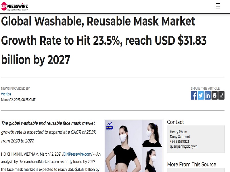 Global Washable, Reusable Mask Market Growth Rate to Hit 23.5%, reach USD $31.83 billion by 2027