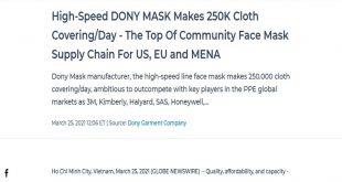 High-Speed DONY MASK Makes 250K Cloth Covering/Day - The Top Of Community Face Mask Supply Chain For US, EU and MENA