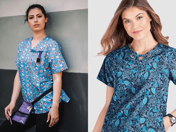 Printed scrubs with embroidered textures 