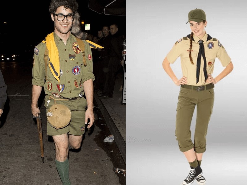 A khaki shirt, dark green shorts or pants, and a neckerchief make up the standard scout outfit.
