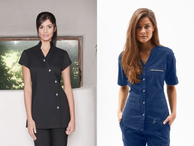 For salon uniforms, button-down shirts are a traditional option.
